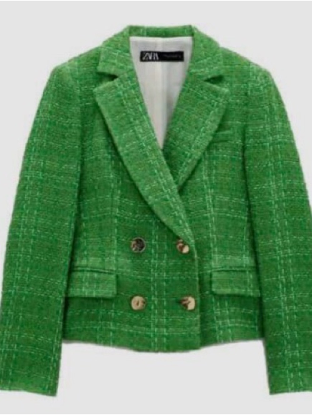 Zara Green Tweed Double-Breasted Blazer | Size Large